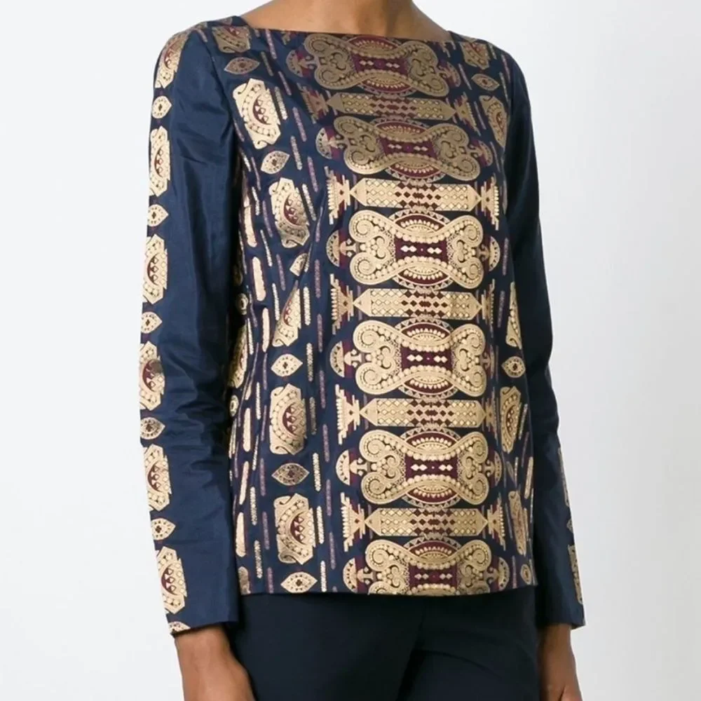 Tory Burch Long Sleeve Jacquard Top Blue Size 12